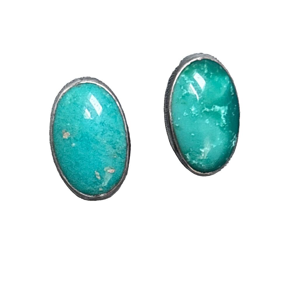 Sterling Silver & Turquoise Gemstone Screw Back Earrings Turquoise Oval Cabochon